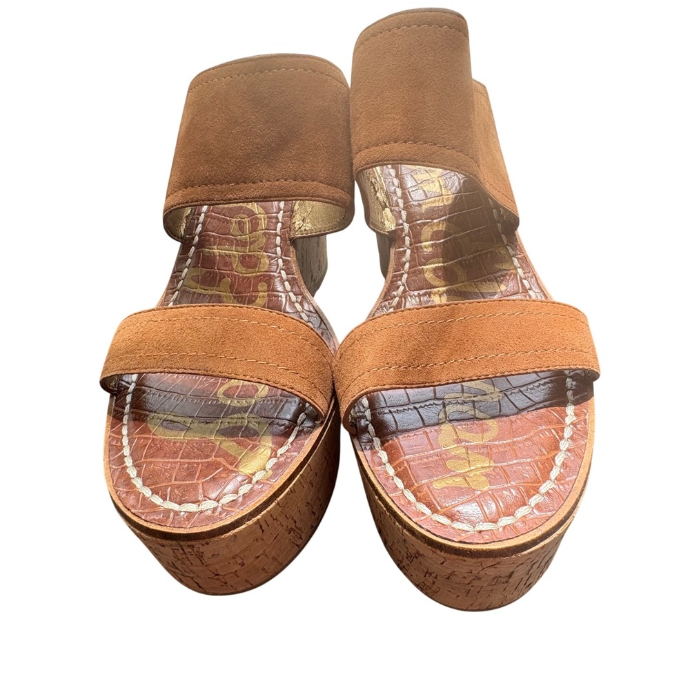 Sam Edelman‎ Dalia Suede Cork Wedge Platform Sandals Cognac Brown 9.5M